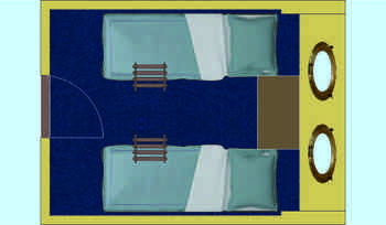 Каюты 3 класса (130-146 четырехместные, 148 -двухместная) расположены в корпусе судна, четырехместные, двухъярусные, столик, крючки для одежды, радио, розетка, иллюминатор, Душ и туалет на палубе.